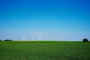 väderkvarn turbiner i grön fält, vind energi begrepp foto
