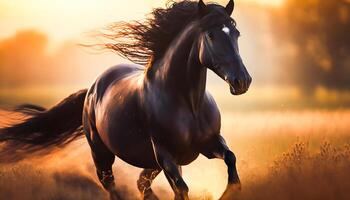 svart häst löpning i en fält i guld solnedgång, ai generativ foto