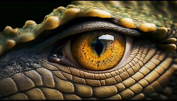 stänga upp öga av krokodil, dinosaurie, ai generativ foto