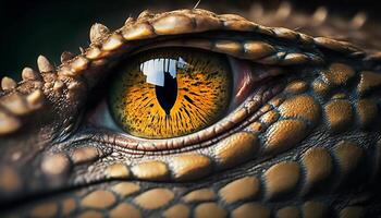 stänga upp öga av krokodil, dinosaurie, ai generativ foto