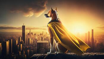 super hjälte hund på tak topp över stad, generativ ai foto