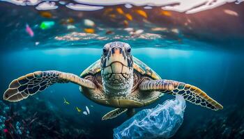 hav sköldpadda simning över plast avfall i hav, generativ ai foto