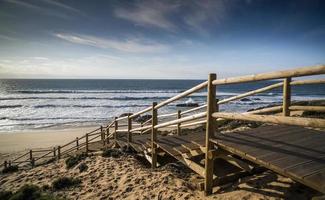 trä- steg till vild strand, portugal foto