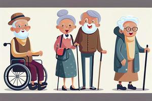 tecknad serie gammal människor. Lycklig åldrig medborgare, Inaktiverad senior på äldre rullstol och vård seniors leende foto
