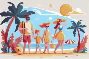 Lycklig familj med två barn njut av sommar semester på havet. sommar resa och fritid på hav strand foto