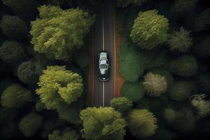 bil körning på en kurvig väg på en berg i en skog foto
