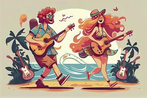 hippie tecken, ung man och kvinna spelar gitarr och dans på tropisk strand foto
