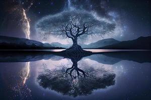 träd av liv påminner av yggdrasil reflekterad i ett isig sjö på natt, dramatisk starry himmel, mjölkaktig sätt, i de bakgrund foto