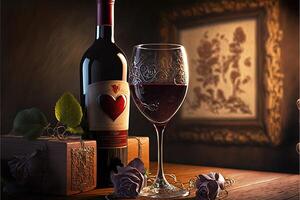 ai genererad vin glasögon och vin flaskor fira hjärtans dag. foto