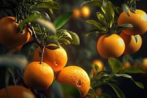 ai genererad organisk orange trädgård frukt fruktträdgård bakgrund. stänga upp. foto