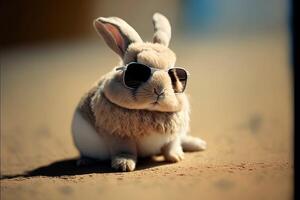 ai genererad söt mycket liten kanin. liten kanin bär solglasögon på de sandig strand. foto