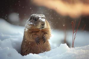 groundhog täckt i snö på groundhog dag foto