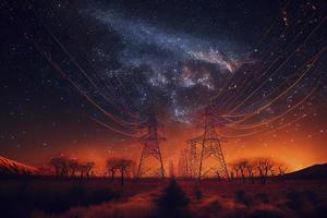 elektricitet överföring torn med orange lysande trådar de starry natt himmel foto