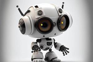 söt robot på en vit bakgrund med en pekande hand och en blinka öga. teknologisk aning foto