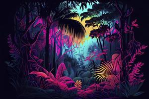 tropisk skog, färg och skön magnetisering belysning, Färg, ljus, neon stil, skymning, fluorescerande, särskild av naturlig illustration foto