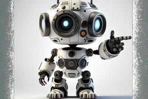 söt robot på en vit bakgrund med en pekande hand och en blinka öga. teknologisk aning foto