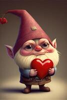 ai genererad söt gnome innehav en hjärta valentine tecknad serie. foto