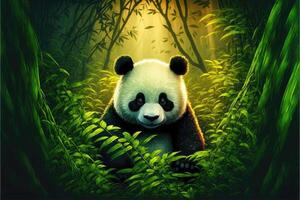söt panda i de mitten bambu skog. ai genererad foto