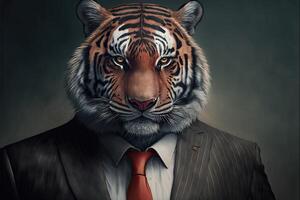 ai genererad porträtt av tiger affärsman. djur- huvud i företag kostym. foto