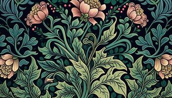 generativ ai, blommig färgrik mönster. william morris inspirerad naturlig växter och blommor bakgrund, årgång illustration. lövverk prydnad. foto