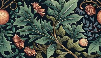 generativ ai, blommig färgrik mönster. william morris inspirerad naturlig växter och blommor bakgrund, årgång illustration. lövverk prydnad. foto