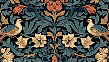 generativ ai, blommig färgrik mönster. william morris inspirerad naturlig växter och blommor bakgrund, årgång illustration. lövverk prydnad. foto