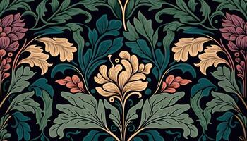 generativ ai, blommig färgrik mönster. william morris inspirerad naturlig växter och blommor bakgrund, årgång illustration. lövverk prydnad. foto