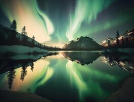 aurora över en lugna sjö, ai genererad foto