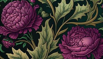 generativ ai, blommig mönster. william morris inspirerad naturlig växter och viva magenta pion blommor bakgrund, årgång illustration. lövverk prydnad. foto