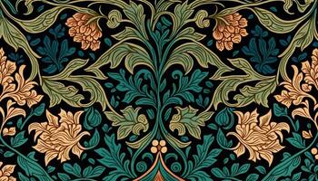 generativ ai, blommig färgrik mönster. william morris inspirerad naturlig växter och blommor bakgrund, årgång illustration. lövverk prydnad. foto