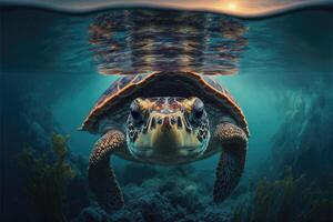 sköldpadda flyter ovan de vatten. ai genererad foto