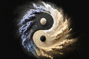 ai genererad yin yang symbol med flytande explosion pulver abstrakt bakgrund. foto
