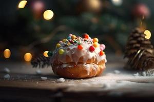 stängd upp av småkakor jul träd och bokeh bakgrund. firande jul dag bakgrund. foto