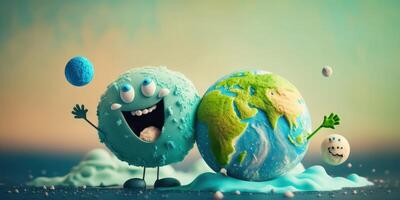 glad jord karaktär skrattande på blå bakgrund, Lycklig jord dag, värld skratt dag. generativ ai foto