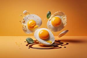 friterad ägg på gul bakgrund, friska frukost. skapas generativ ai foto