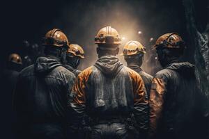 ai genererad grupp av gruvarbetare bär säkerhet hjälmar stående i de mina foto