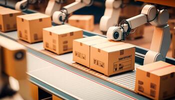 robot vapen arbetssätt med kartong lådor på transportband bälte i lager för produkt lagring och logistik, generativ ai foto