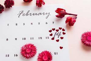 hjärtans dag. små röd hjärtan markera de datum februari 14 på de kalender ark och torr blommor på en rosa bakgrund. foto