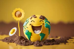 söt jord karaktär skrattande på gul bakgrund, Lycklig jord dag, värld skratt dag. generativ ai foto