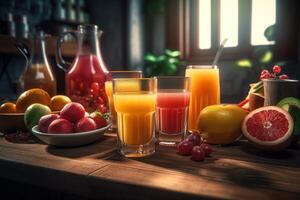 färsk frukt juice på Fantastisk ljus bakgrund, friska dryck rik i vitaminer. skapas generativ ai foto