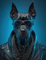 porträtt av dålig hundar bär jacka på blå bakgrund. skapas generativ ai foto