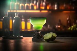 en glas av cocktail med lysande ljus bakgrund. skapas generativ ai foto