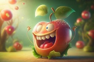 glad äpple karaktär skrattande i fantasi värld bakgrund. skapas generativa ai foto