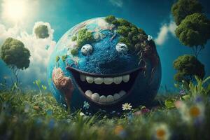 glad jord karaktär skrattande bakgrund, Lycklig jord dag, värld skratt dag. generativ ai foto