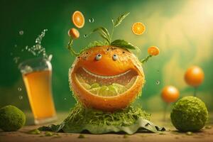 glad orange karaktär leende på grön bakgrund. skapas generativ ai foto