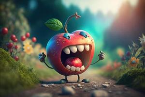 glad äpple karaktär skrattande i fantasi värld bakgrund. skapas generativa ai foto