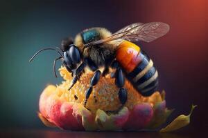 stänga upp realistisk flygande honung bin samlar pollen på blommor, skapas med generativ ai foto