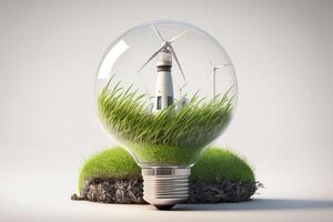 ljus Glödlampa med vind turbin och grön gräs inuti, grön och hållbar energi begrepp. generativ ai foto
