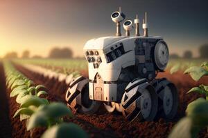smart robot jordbrukare konstaterar och kolla upp tillväxt växt bakgrund, lantbruk teknologi begrepp. skapas generativ ai foto