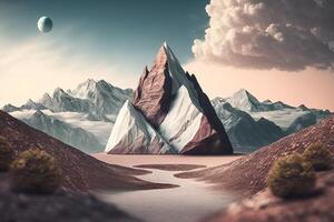 realistisk berg reser begrepp, fantastisk landskap pastell Färg bakgrund. skapas med generativ ai foto